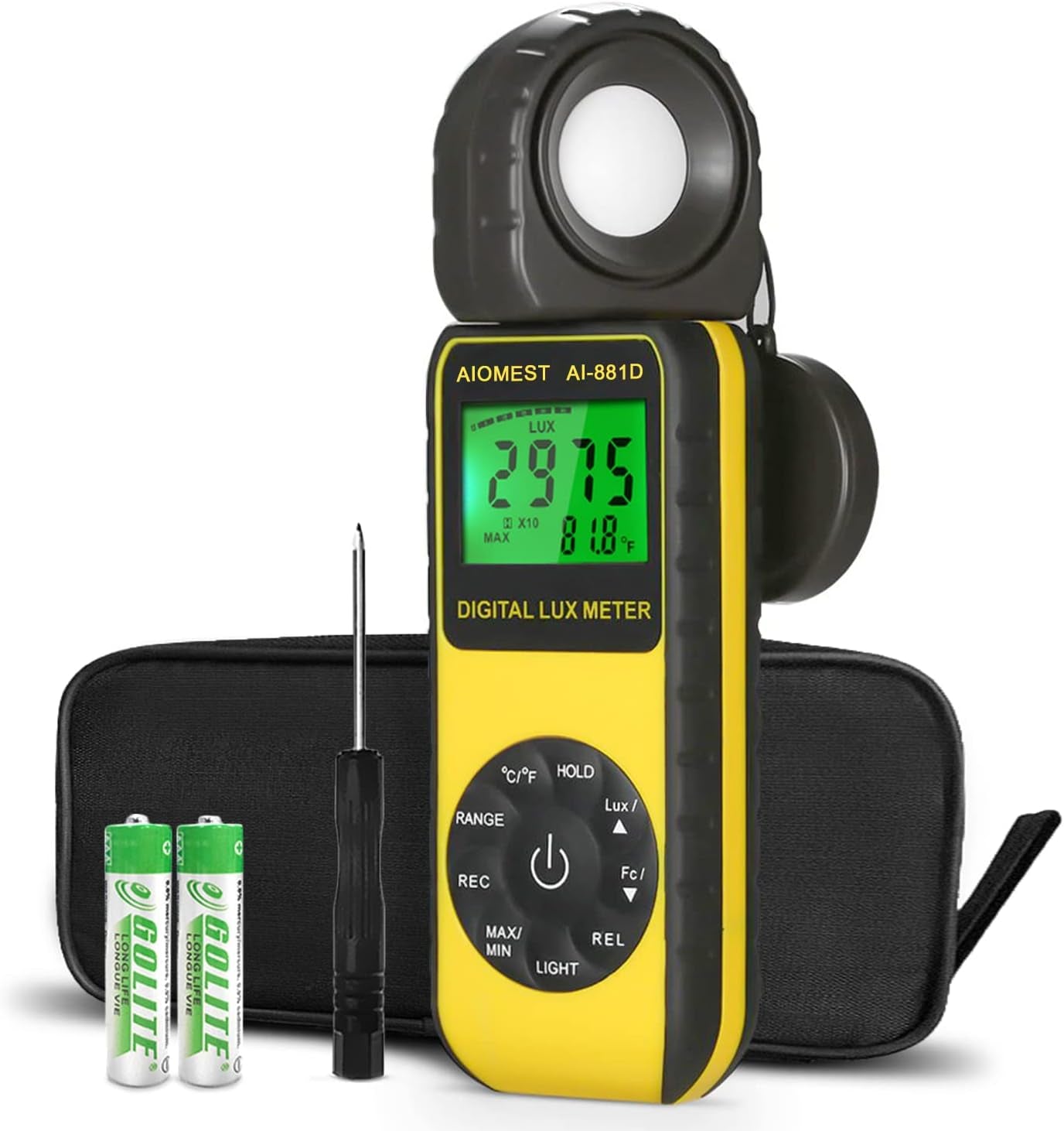 Digital Lux/Foot Candle Light Meter, Illuminance Lumen Tester 0.01~400,000 Lux, Handheld Luxometro AI-881D for LED Plant Grow Lighting, Luxmeter W/Data Logging & Rotatable Detector