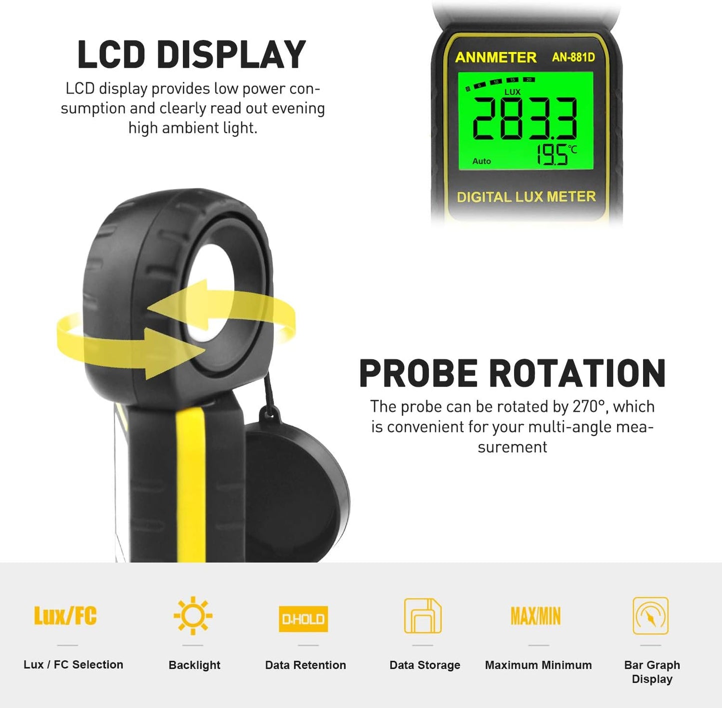 Digital Lux/Foot Candle Light Meter,  Illuminance Lumen Tester 0.01~400,000 Lux, Handheld Luxometro AI-881D for LED Plant Grow Lighting, Luxmeter W/Data Logging & Rotatable Detector