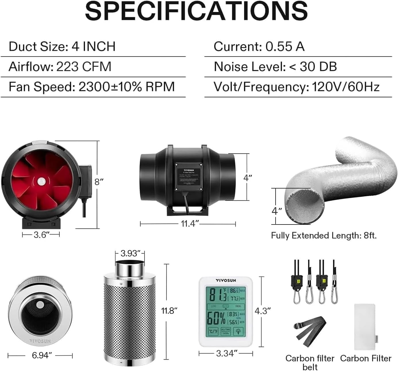 4 Inch 190 CFM Inline Fan with Speed Controller, 4 Inch Carbon Filter and 8 Feet of Ducting, Temperature Humidity Monitor for Grow Tent Ventilation