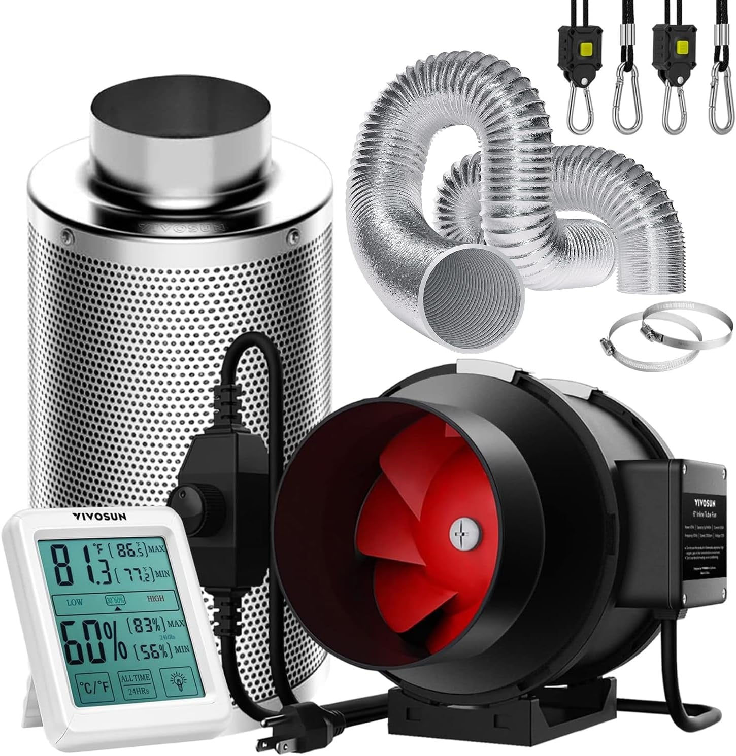 6 Inch 390 CFM Inline Fan with Speed Controller, 6 Inch Carbon Filter and 8 Feet of Ducting, Temperature Humidity Monitor for Grow Tent Ventilation