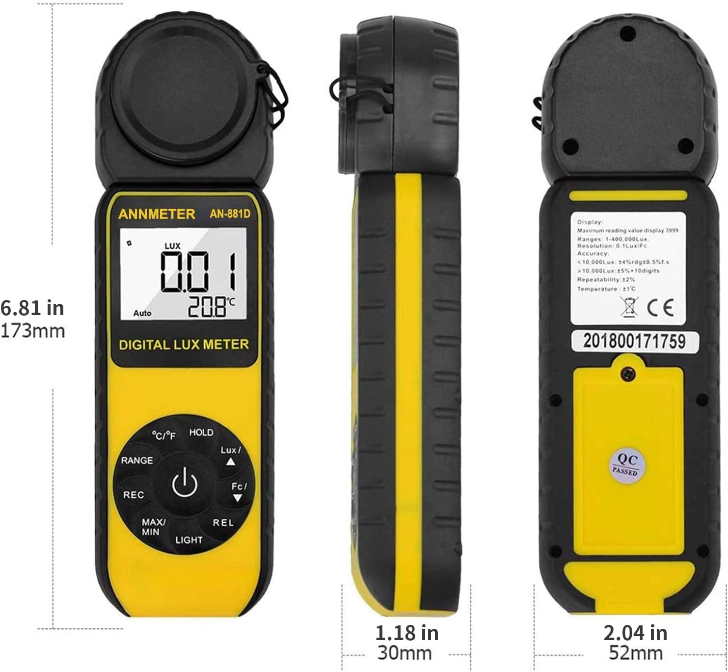 Digital Lux/Foot Candle Light Meter,  Illuminance Lumen Tester 0.01~400,000 Lux, Handheld Luxometro AI-881D for LED Plant Grow Lighting, Luxmeter W/Data Logging & Rotatable Detector