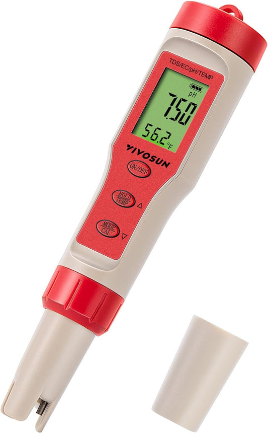 4-In-1 Digital Ph Meter with Ph/Tds/Ec/Temp Function, 0-14.0 Ph Measurement Range, ±0.1 Ph Accuracy Water Quality Tester for Hydroponics, Household Drinking, and Aquarium