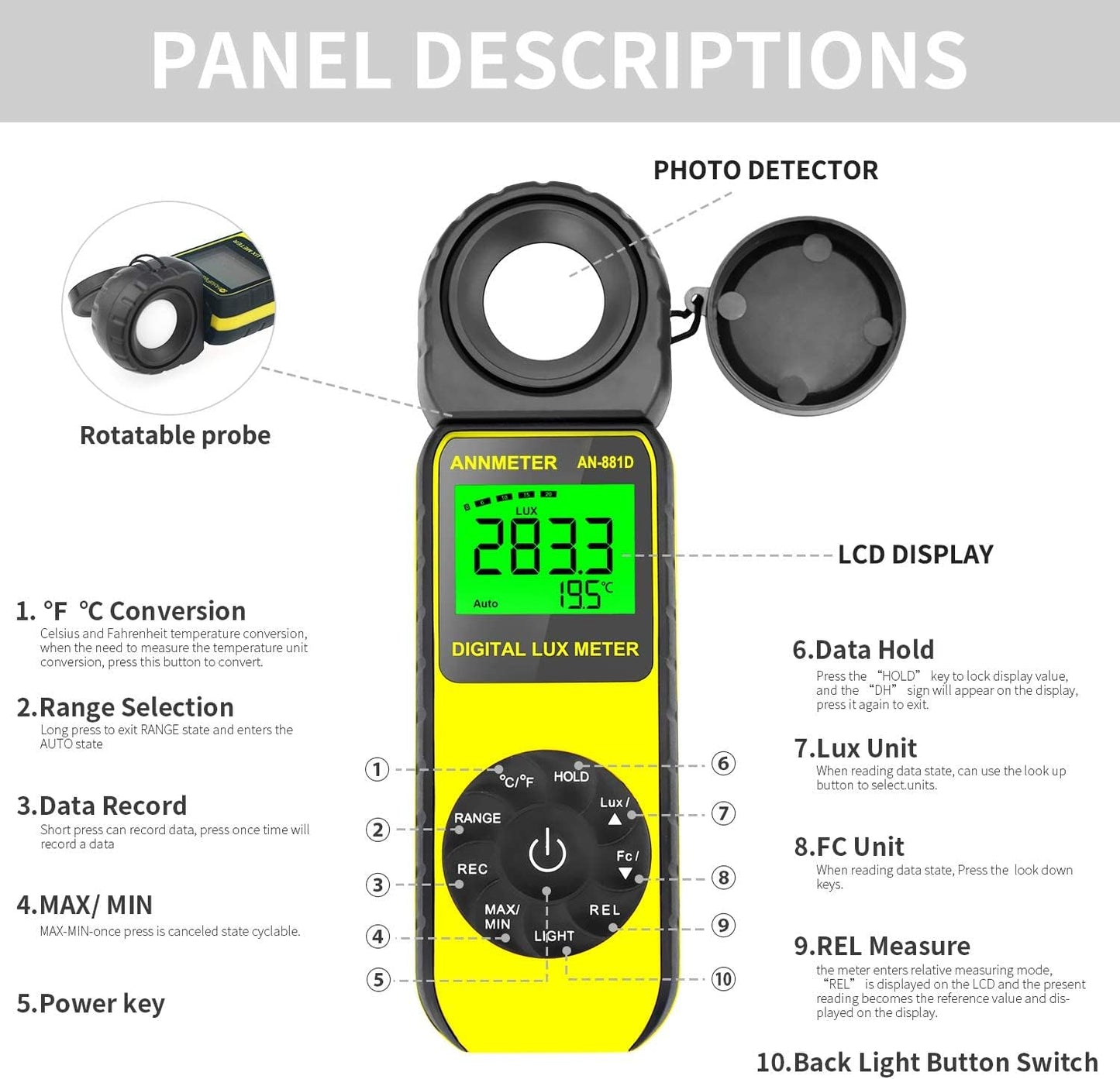 Digital Lux/Foot Candle Light Meter,  Illuminance Lumen Tester 0.01~400,000 Lux, Handheld Luxometro AI-881D for LED Plant Grow Lighting, Luxmeter W/Data Logging & Rotatable Detector