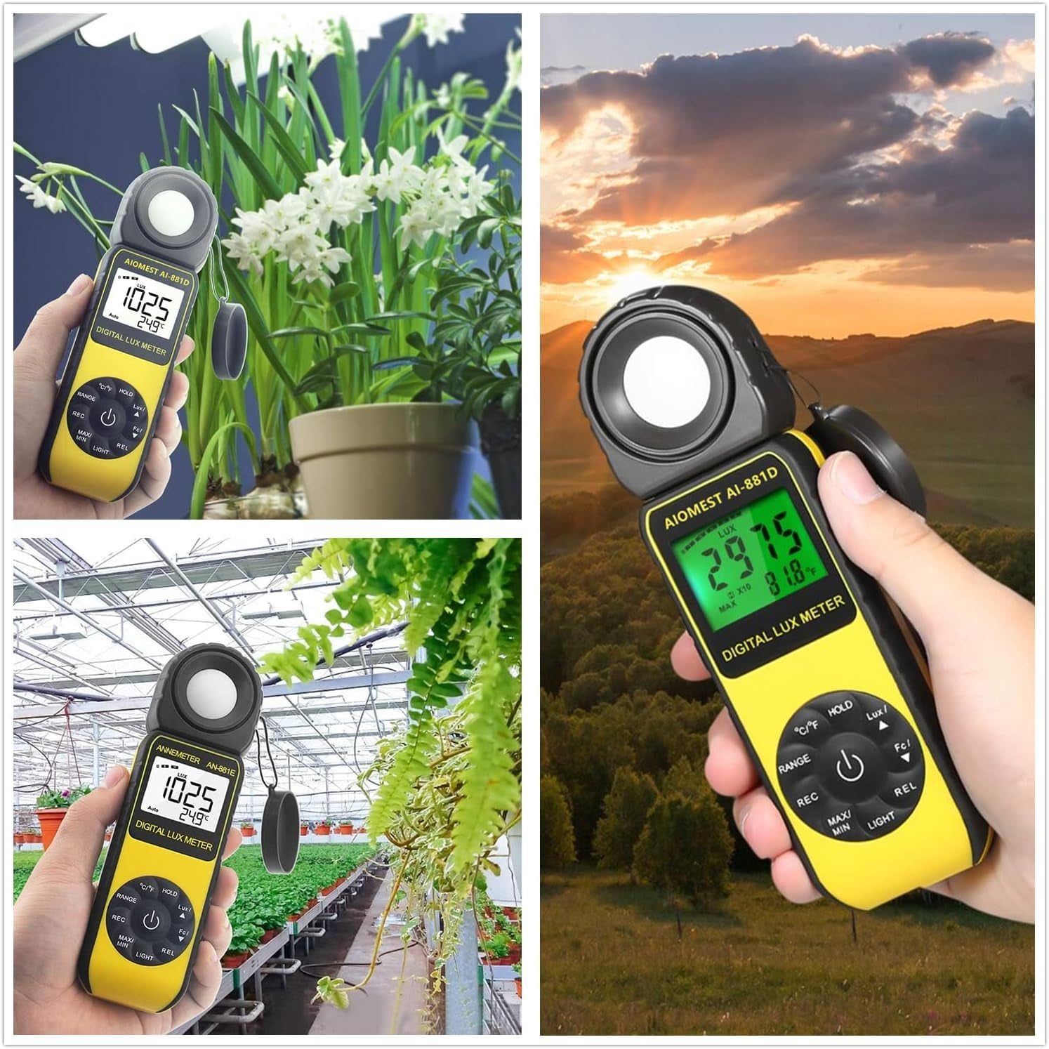 Digital Lux/Foot Candle Light Meter,  Illuminance Lumen Tester 0.01~400,000 Lux, Handheld Luxometro AI-881D for LED Plant Grow Lighting, Luxmeter W/Data Logging & Rotatable Detector