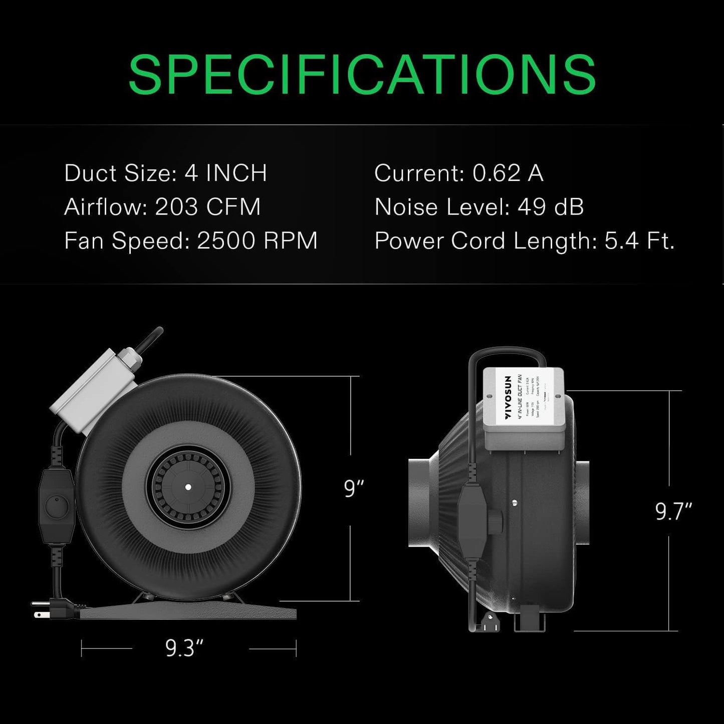 Z4 4 Inch Inline Duct Fan, 203 CFM Ventilation Fan with Variable Speed Controller for Grow Tent, Indoor Garden Ventilation, Black
