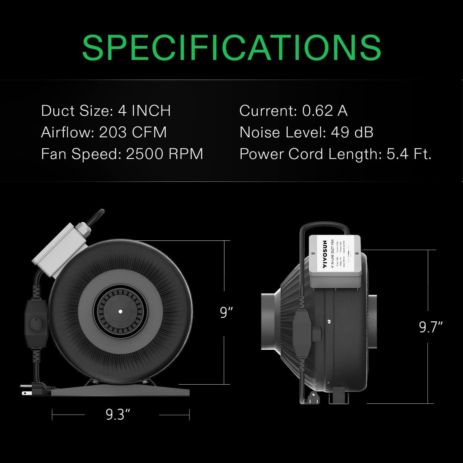 Z4 4 Inch Inline Duct Fan, 203 CFM Ventilation Fan with Variable Speed Controller for Grow Tent, Indoor Garden Ventilation, Black